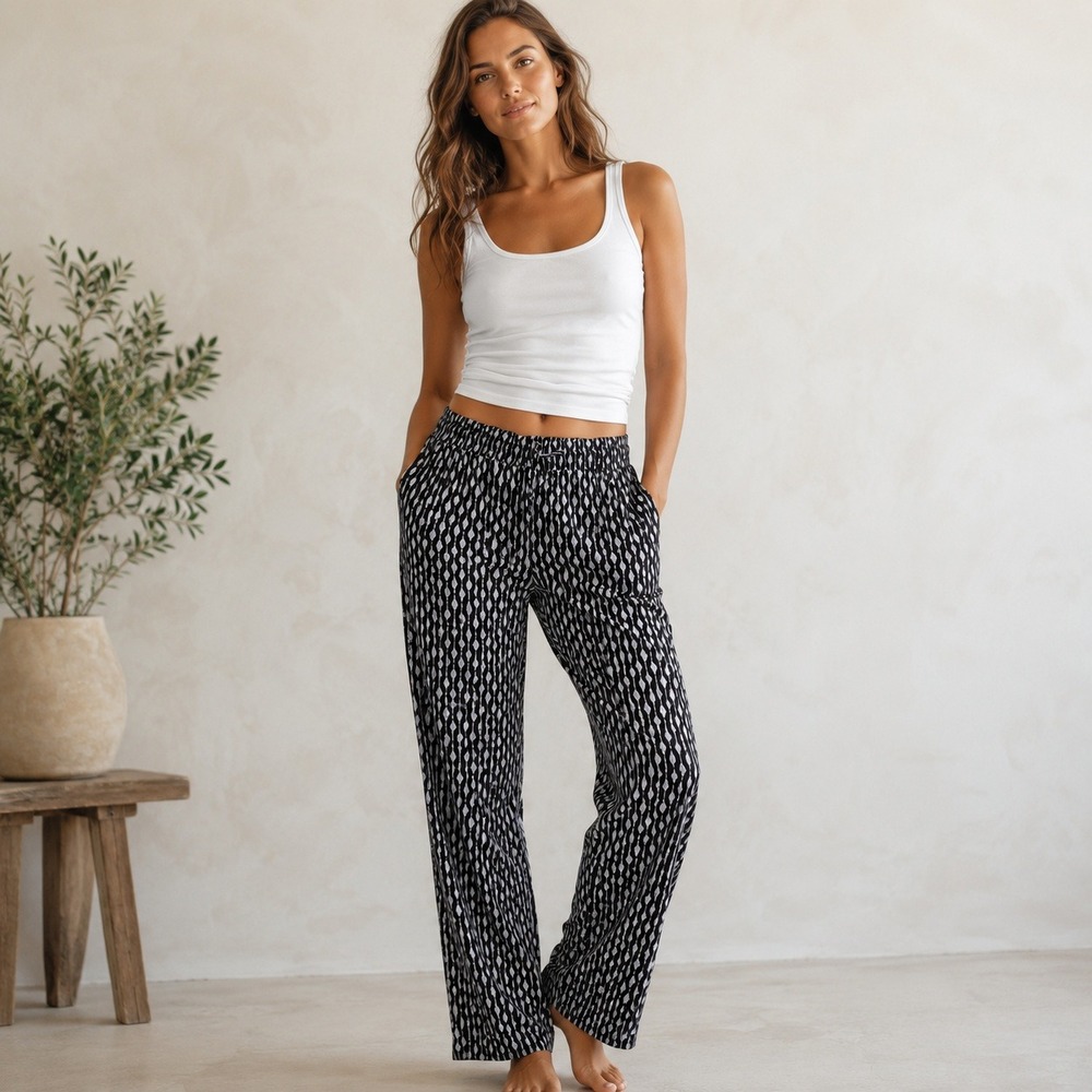 H&M Pants Black White Geometric Ikat Viscose Relaxed Lounge Large